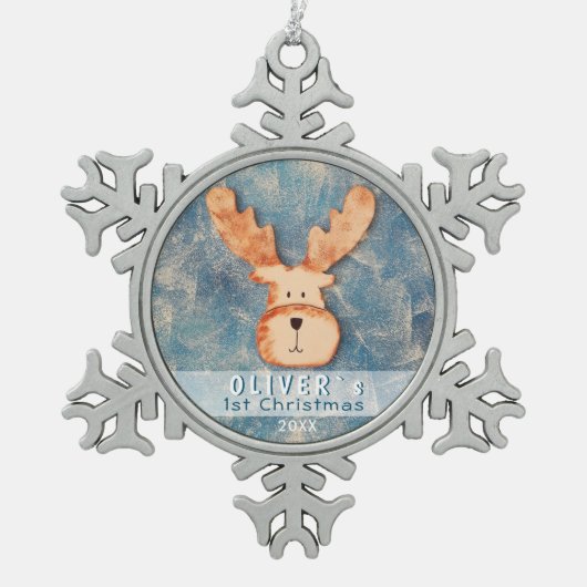 Cute Deer Baby's Eerste Kerstmis Tin Sneeuwvlok Ornament (Voorkant)