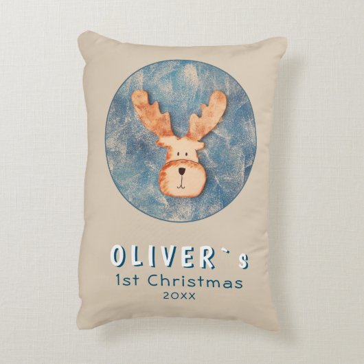 Cute Deer Baby's First Kerstblauw Baby Accent Kussen (Achterkant (Verticaal))