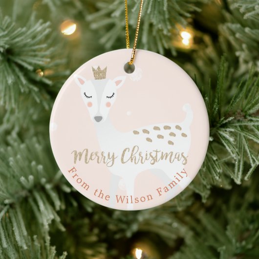 Cute Deer | Blush roze | Gepersonaliseerd kerstfee Keramisch Ornament (Boom)
