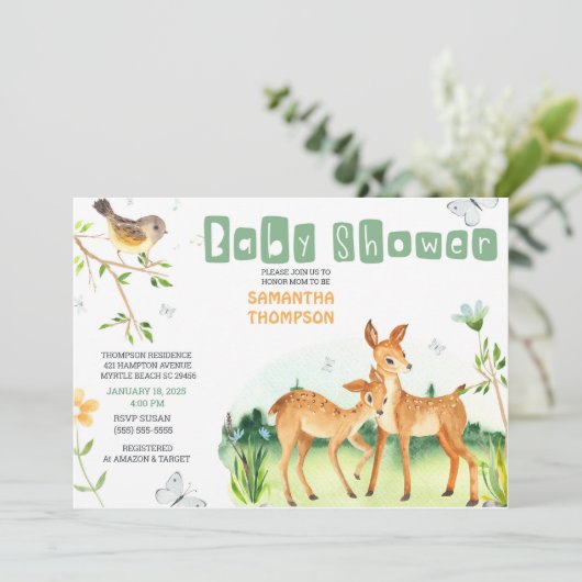 Cute Deer Boys Baby shower Invitation Kaart (Staand voorkant)