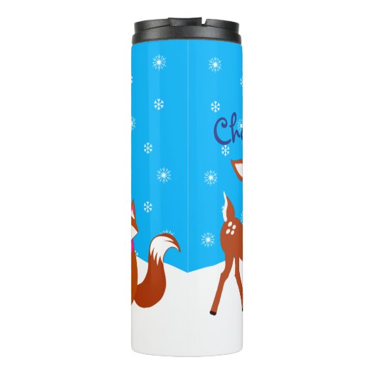 Cute Deer Fox Blue Specialized Kerstgenoom Thermosbeker (Achterkant)