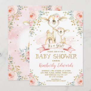 Cute Deer Girl Baby shower Blush Pink Gold Rozen Kaart