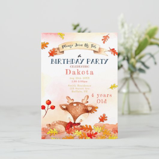 Cute Deer Herfst Autumn Birthday Party Kaart (Staand voorkant)