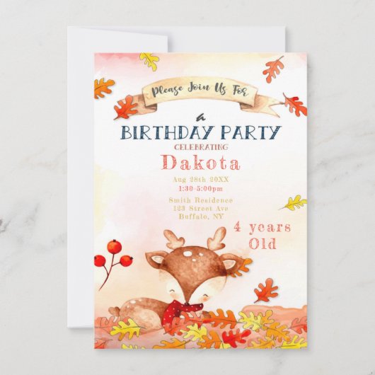 Cute Deer Herfst Autumn Birthday Party Kaart (Voorkant)