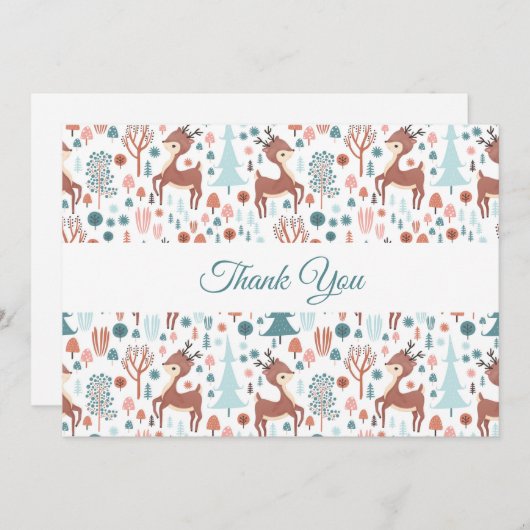 Cute Deer in Whimsical Forest Pattern Bedankkaart (Voorkant / Achterkant)