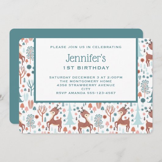 Cute Deer in Whimsical Forest Pattern Birthday Kaart (Voorkant / Achterkant)