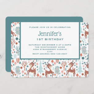 Cute Deer in Whimsical Forest Pattern Birthday Kaart