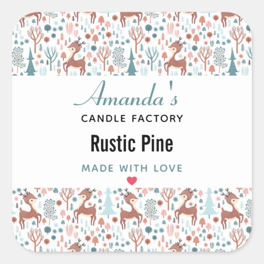 Cute Deer in Whimsical Forest Pattern Candle Vierkante Sticker (Voorkant)