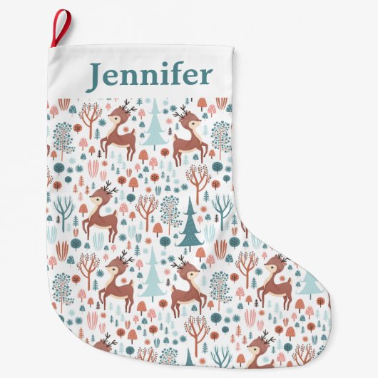 Cute Deer in Whimsical Forest Pattern Grote Kerstsok (Voorkant)