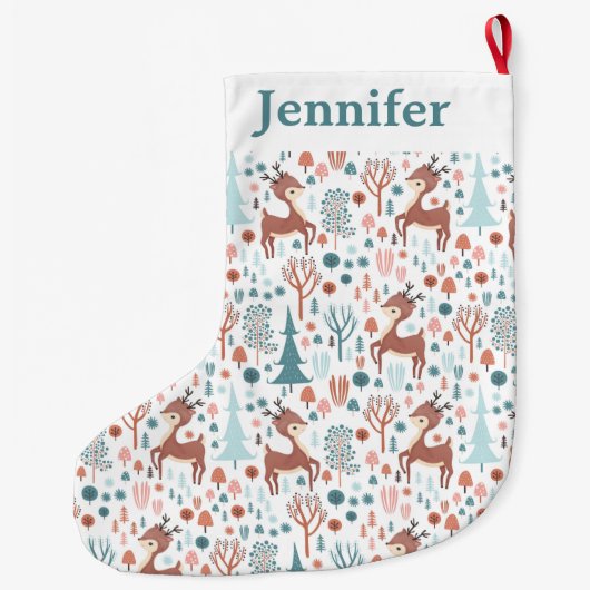 Cute Deer in Whimsical Forest Pattern Grote Kerstsok (Achterkant)