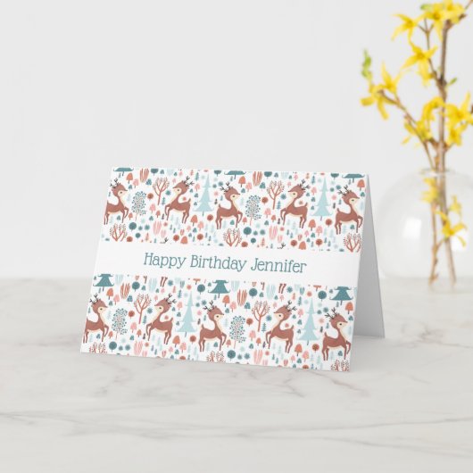 Cute Deer in Whimsical Forest Pattern Kaart (Gele Bloem)