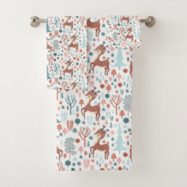 Cute Deer in Whimsical Forest Pattern Kerstmis Bad Handdoek