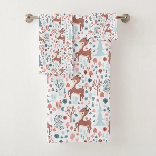Cute Deer in Whimsical Forest Pattern Kerstmis Bad Handdoek (Insitu)