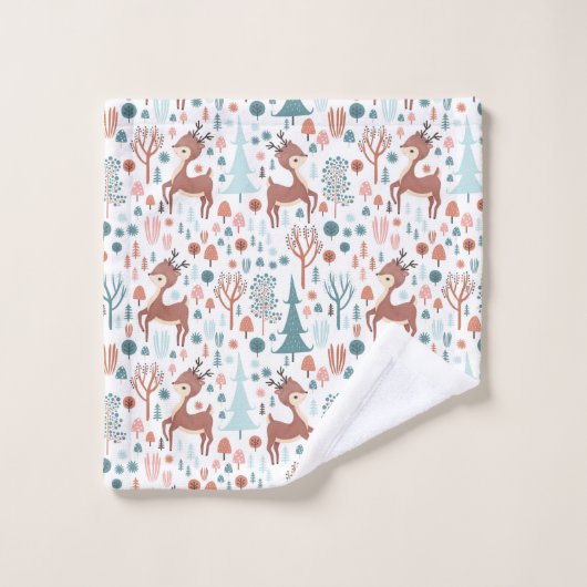 Cute Deer in Whimsical Forest Pattern Kerstmis Bad Handdoek (Wasdoekje)