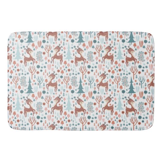 Cute Deer in Whimsical Forest Pattern Kerstmis Badmat (Voorkant)