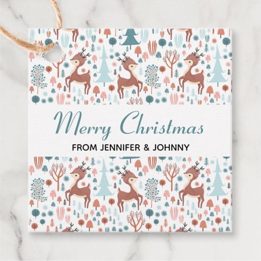 Cute Deer in Whimsical Forest Pattern Kerstmis Bedankjes Labels (Voorkant)
