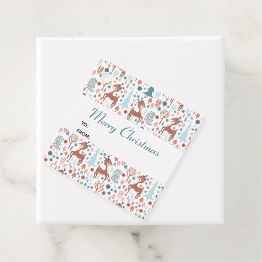 Cute Deer in Whimsical Forest Pattern Kerstmis Bedankjes Labels (In situ)