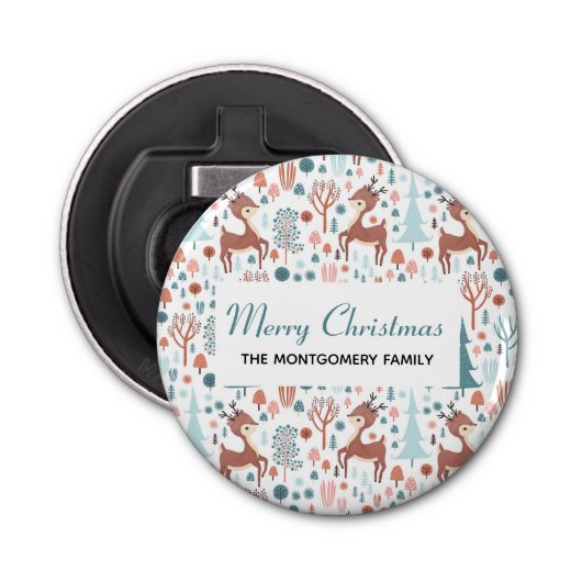 Cute Deer in Whimsical Forest Pattern Kerstmis Button Flesopener (Voorkant)