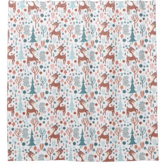 Cute Deer in Whimsical Forest Pattern Kerstmis Douchegordijn (Voorkant)