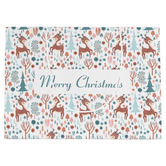 Cute Deer in Whimsical Forest Pattern Kerstmis Groot Cadeauzakje (Voorkant)