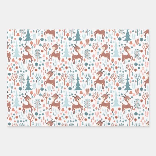 Cute Deer in Whimsical Forest Pattern Kerstmis Inpakpapier Vel (Voorkant 3)