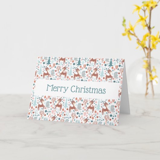 Cute Deer in Whimsical Forest Pattern Kerstmis Kaart (Gele Bloem)