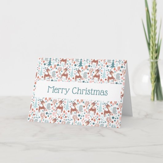 Cute Deer in Whimsical Forest Pattern Kerstmis Kaart (Voorkant)
