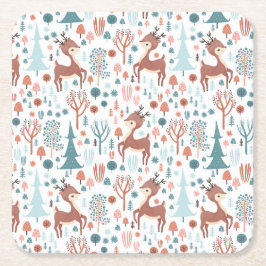 Cute Deer in Whimsical Forest Pattern Kerstmis Kartonnen Onderzetters