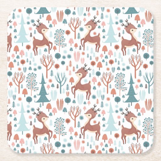 Cute Deer in Whimsical Forest Pattern Kerstmis Kartonnen Onderzetters (Voorkant)