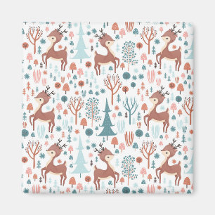 Cute Deer in Whimsical Forest Pattern Kerstmis Magneet