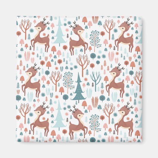 Cute Deer in Whimsical Forest Pattern Kerstmis Magneet (Voorkant)