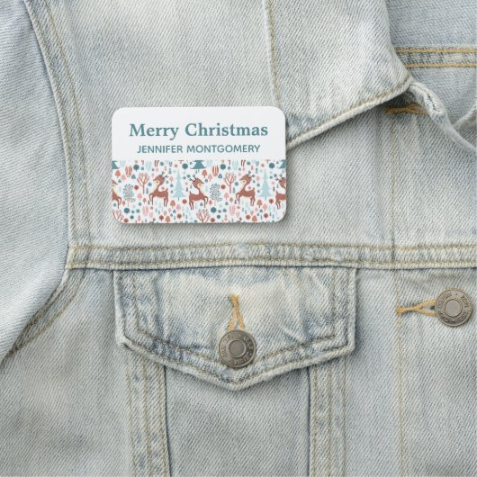 Cute Deer in Whimsical Forest Pattern Kerstmis Naamplaatje (In situ)