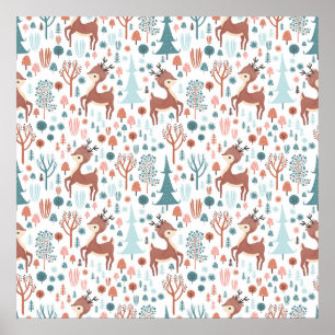 Cute Deer in Whimsical Forest Pattern Kerstmis Poster