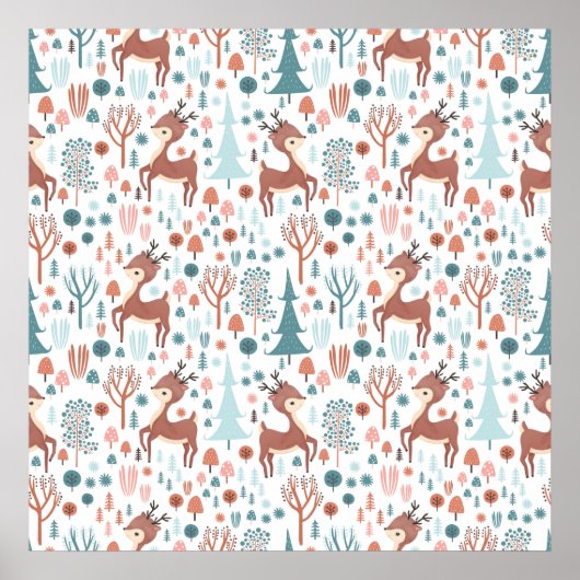 Cute Deer in Whimsical Forest Pattern Kerstmis Poster (Voorkant)