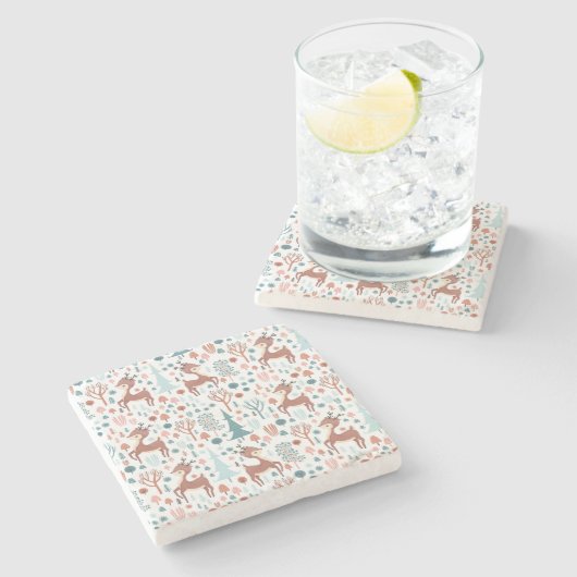 Cute Deer in Whimsical Forest Pattern Kerstmis Stenen Onderzetter (Zijkant)