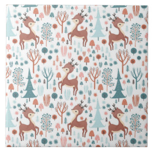 Cute Deer in Whimsical Forest Pattern Kerstmis Tegeltje