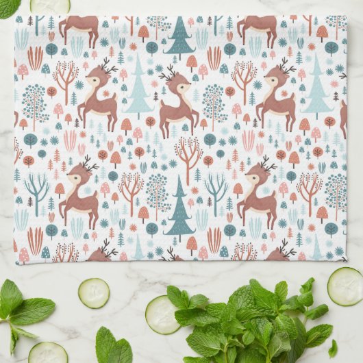 Cute Deer in Whimsical Forest Pattern Kerstmis Theedoek (Gevouwen)