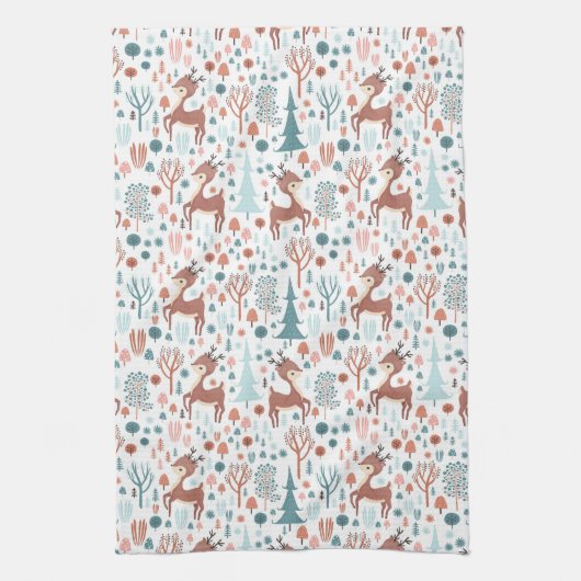 Cute Deer in Whimsical Forest Pattern Kerstmis Theedoek (Verticaal)