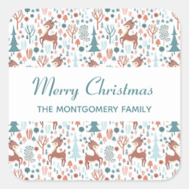 Cute Deer in Whimsical Forest Pattern Kerstmis Vierkante Sticker
