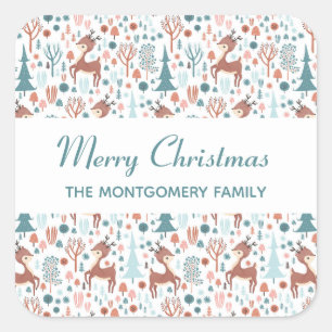 Cute Deer in Whimsical Forest Pattern Kerstmis Vierkante Sticker