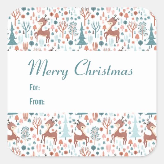 Cute Deer in Whimsical Forest Pattern Kerstmis Vierkante Sticker (Voorkant)