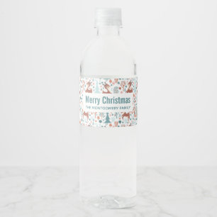 Cute Deer in Whimsical Forest Pattern Kerstmis Waterfles Etiket