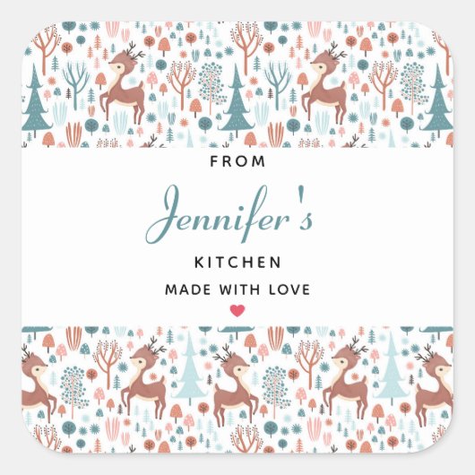Cute Deer in Whimsical Forest Pattern Kitchen Vierkante Sticker (Voorkant)