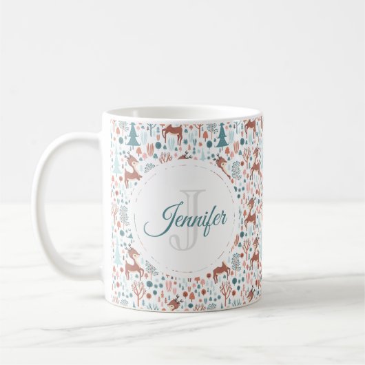 Cute Deer in Whimsical Forest Pattern Monogram Koffiemok (Links)