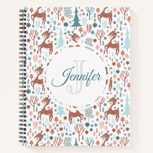 Cute Deer in Whimsical Forest Pattern Monogram Notitieboek (Voorkant)