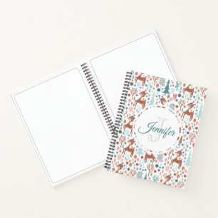 Cute Deer in Whimsical Forest Pattern Monogram Notitieboek