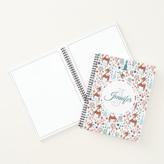 Cute Deer in Whimsical Forest Pattern Monogram Notitieboek (Binnen)