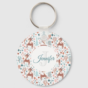 Cute Deer in Whimsical Forest Pattern Monogram Sleutelhanger
