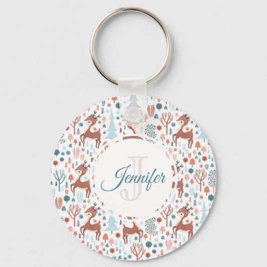 Cute Deer in Whimsical Forest Pattern Monogram Sleutelhanger (Voorkant)