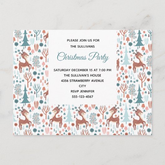 Cute Deer in Whimsical Forest Pattern Party Uitnodiging Briefkaart (Voorkant)